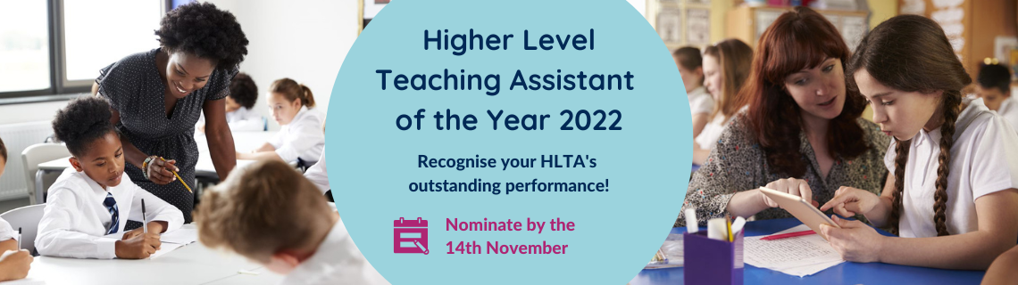 HLTA of they Year Awards banner showing a teaching assistant in a classroom with children